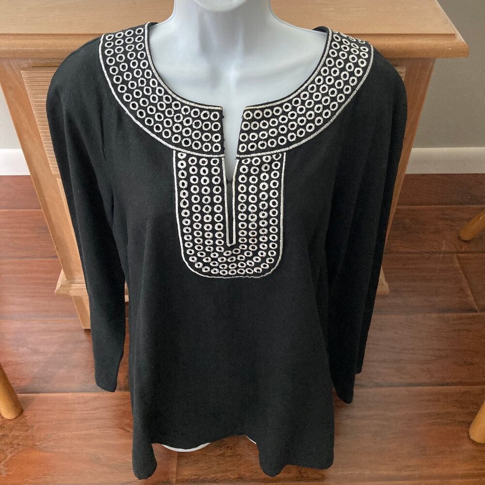 Carole Little Black White Embroidered Linen Rayon Tunic Blouse Large